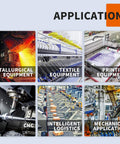 Various industrial applications including CNC, textile, and mechanical equipment shown in a grid format.