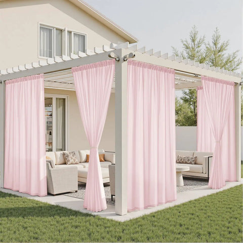 Privacy Semi Sheer Curtains Light Pink 84 Inch Long 2 Panel Set W52 X L84 installed on outdoor pergola for soft light diffusion