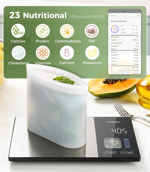 Smart Food Kitchen Scale With Nutrition Calculator, Color Display, Free App, Precise Portion Control in action with digital readout.