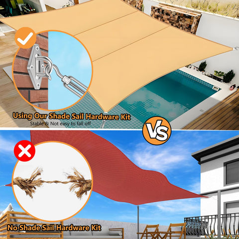 Comparison of shade sail installations with and without 6 Inch Shade Sail Hardware Kit For Triangle And Rectangle Installations.