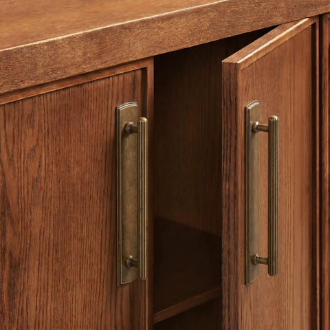 Antique Brass Cabinet Pulls 2 Pack with Glassic Square Backplates mounted on wooden cabinet doors