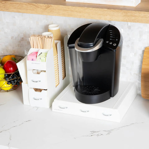 Single Serve Coffee Pod Drawer And Cup Condiment Set For Kitchen Counter 36 Pod Capacity Two Piece White Storage Organizer with coffee maker