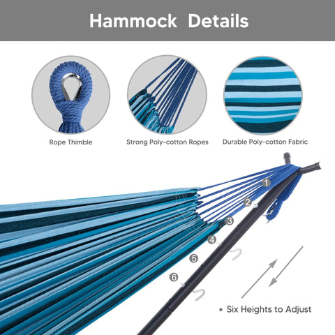 2-In-1 Convertible Backyard Hammock With Stand And Chair, Large Outdoor Hammock Set In Blue Stripes With Durable Poly-cotton