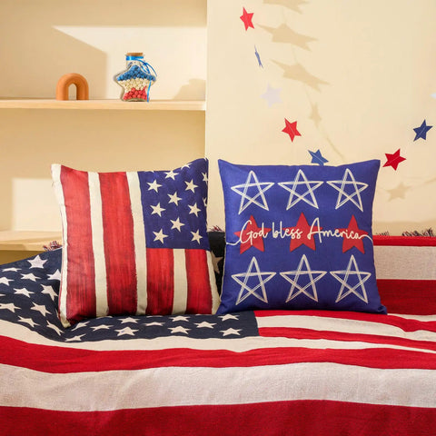All American Patriotic Throw Pillow Covers Set Of 4 18 By 18 Inches on sofa with American flag design