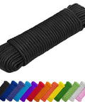 Rugged All Purpose Rope One Quarter Inch And Three Eighths Inch Diamond Braided Polypropylene Nylon Cord For Camping Crafting Flag Poles Indoor And Outdoor Use Ninety To One Hundred Fifty Foot Lengths Black shown with assorted colors.