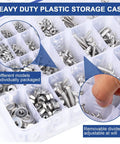 1200-Piece Stainless Steel Machine Screw Set With Storage Case showing screws, nuts, bolts in sections with removable dividers