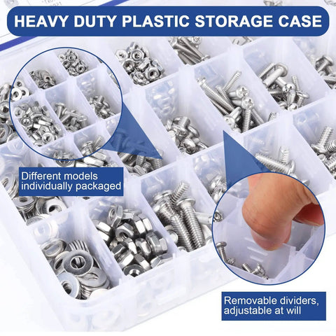 1200-Piece Stainless Steel Machine Screw Set With Storage Case showing screws, nuts, bolts in sections with removable dividers
