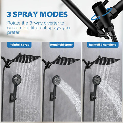 Big 8 Inch Rain Shower Head With Handheld Spray High Pressure Rainfall Kit showing 3 spray modes panel view