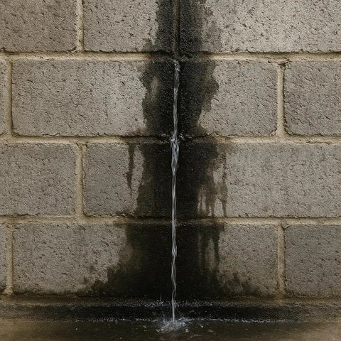 Water flowing down a concrete masonry wall, highlighting the need for Hardcore White Basement Sealer For Concrete And Masonry Walls Block Ten Psi Negative Hydrostatic Pressure Low Voc Earth Safe Formula Super Easy Brush Roll Or Spray Application In Five Gallon Bucket.