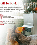 Heavy Duty Galvanized Trough Chicken Feeder Gravity Fed 10 Lbs Capacity With Removable Rain Hood For Weather Resistant Outdoor Coop And Farm Poultry Setup, featuring durable galvanized steel and chickens feeding.