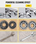 VEVOR 22L industrial sonic cleaner; before/after with glasses, ball bearings, and wrenches (2 each)