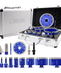 Diamond Tile Drill Bits Kit 15 Piece Pro Grade Heavy Duty Set displayed with case and various bit sizes for drilling ceramic and stone