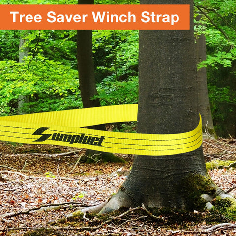 Heavy Duty Tow Strap 3 Inch By 8 Foot Tree Saver Pull Strap With 30,000 Pound Capacity wrapped around tree trunk