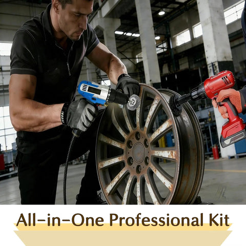 Garage Ready Wheel Hub Cleaning Kit With Carbon Steel Wire Brushes And Five Heavy Duty Abrasive Pads For Knocking Out Gnarly Rust And Freshening Brake Rotors Fast during usage on a rusted wheel.