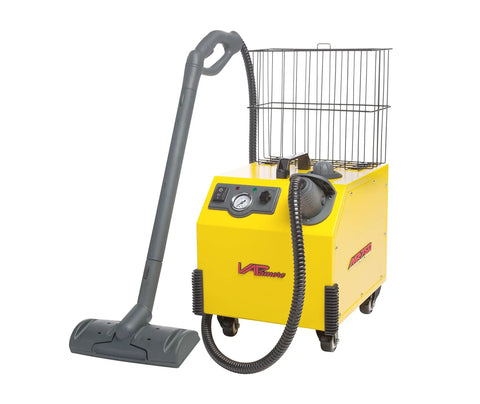 Badass Heavy Duty Steam Cleaner With Solid Stainless Boiler And One Gallon Tank For Zero Fuss Chemical Free Tile And Wood Buffing Comes With Twenty Four Pro Tools And Smart Dry Steam Valve, yellow unit with gray steam wand.