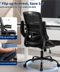 Ergonomic Office Chair With Adjustable Lumbar Support And Breathable Mesh Flip Up Armrests All Day Cozy Comfort For Home Or Office Adjustable Height Back Supporting Task Chair Built For Long Hours Black showcasing flip-up armrests.