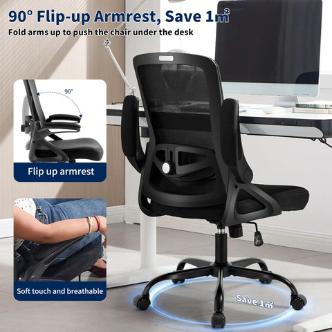 Ergonomic Office Chair With Adjustable Lumbar Support And Breathable Mesh Flip Up Armrests All Day Cozy Comfort For Home Or Office Adjustable Height Back Supporting Task Chair Built For Long Hours Black showcasing flip-up armrests.