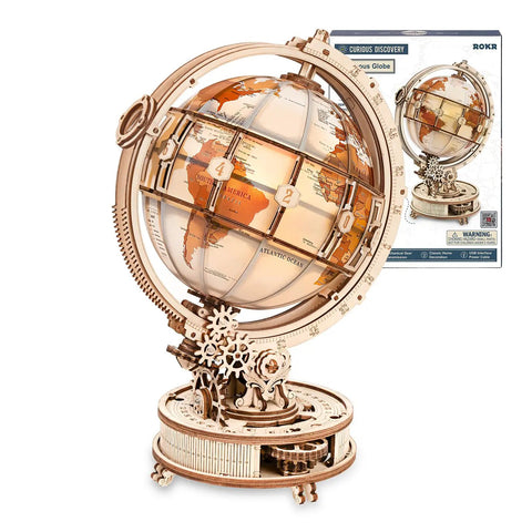 LED Illuminated 3D Wooden Globe Puzzle For Adults With Stand Build Your Own Night Light World Globe Kit 180 Pre-Cut Pieces Educational Decor Gift For Birthday Or Anniversary, wooden globe with box