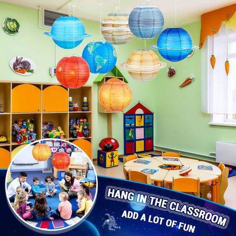 Eight Pack 12 Inch Space Paper Lanterns With Hanging Planets, Two Sizes, Out Of This World Solar System Theme Party Decorations