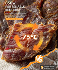 Close-up of dried beef jerky showing texture, highlighting drying temperature of 75°C for reliable results with No Fuss Big Batch Stainless Steel Food Dehydrator With 10 Removable Racks And True 360 Rotating Drum For Even Drying Of Beef Jerky Fruits Herbs And Pet Treats With Clear Viewing Lid And Quick Cleanup.