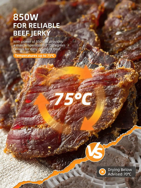 Close-up of dried beef jerky showing texture, highlighting drying temperature of 75°C for reliable results with No Fuss Big Batch Stainless Steel Food Dehydrator With 10 Removable Racks And True 360 Rotating Drum For Even Drying Of Beef Jerky Fruits Herbs And Pet Treats With Clear Viewing Lid And Quick Cleanup.