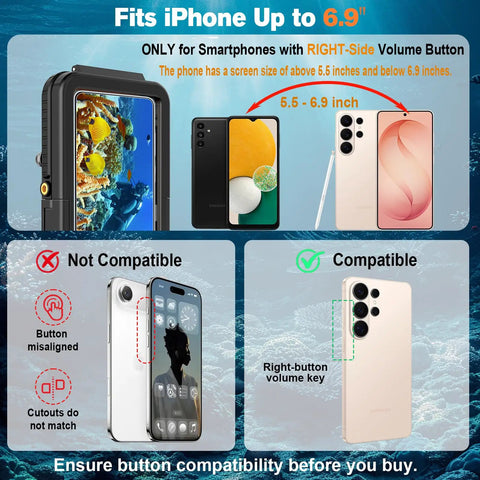 Underwater Waterproof Case For Galaxy S26 S25 S24 Series With Aluminum Alloy Housing, compatibility guide for right-side volume button models