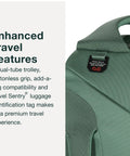Osprey Sojourn Shuttle wheeled duffel bag, green fabric with reinforced top handle and luggage tag.