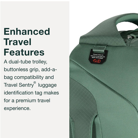 Osprey Sojourn Shuttle wheeled duffel bag, green fabric with reinforced top handle and luggage tag.