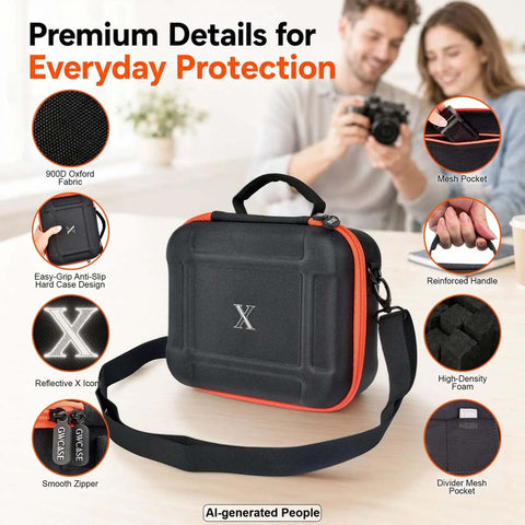 Rugged Hard Shell Case With Custom Cut Foam For Compact Mirrorless Cameras And Photo Gear showcasing 900D Oxford fabric and adjustable strap.