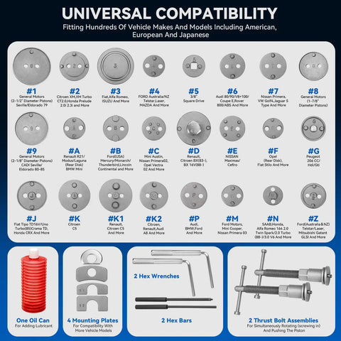 All In One Disc Brake Caliper Tool Kit With 24 Adapters Piston Compressor And Wind Back Tools For Easy Brake Pad Replacement Heavy Duty Caliper Compression Tool Fits Most Vehicles showing adapters and tools