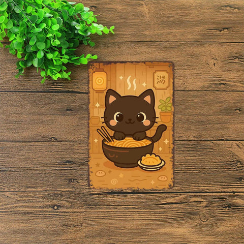 Vintage Metal Sign With Cute Cat Chowing Ramen And Dumplings, Totally Funny Wall Decor For Home Room Garage Or Office, 8x12 Inch Tin Sign Poster, Easy Mount Wall Art