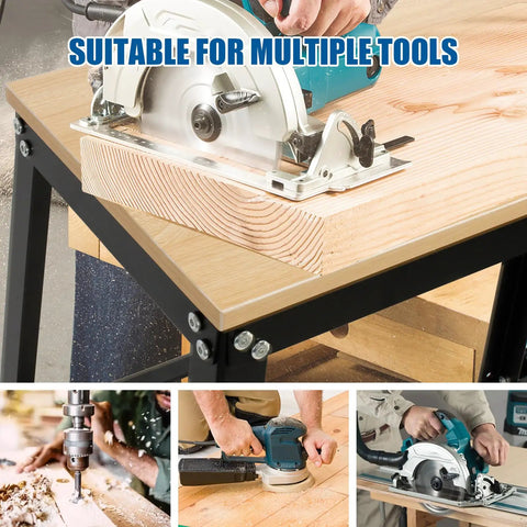 Built Like A Tank Heavy Duty Drill Press Stand With Smooth Moving Casters, showing saw and tools on the workspace.