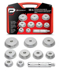 10 Pc Master Bearing Race And Seal Driver Kit With 9 Precision Wheel Inserts From 1.565 To 3.180 Inches For Easy Safe Installation And Removal Of Races And Seals Plus A Durable Driver For Versatile Automotive Use in red case.
