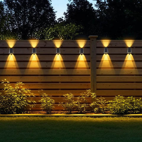 Solar Powered Up Down Wall Lights Dusk To Dawn Outdoor Flood Lights Sconce for backyard fence, energy efficient lighting.
