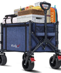 Collapsible Wagon Cart With Big Wheels And Brakes 250 Pound Capacity Lightweight Foldable Utility Wagon for camping, blue loaded with items