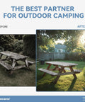 Before and after images of a wooden picnic table, showcasing use of waterproof Elastic Edge Picnic Table Cover And Bench Covers Set for outdoor use.