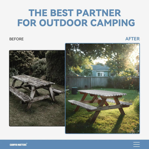 Before and after images of a wooden picnic table, showcasing use of waterproof Elastic Edge Picnic Table Cover And Bench Covers Set for outdoor use.