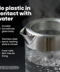 Close-up of Electric Tea Kettle With Infuser For Loose Leaf Tea No Plastic Touching Water Temperature Control Automatic Shut Off 1.5L Borosilicate Glass Hot Tea Maker, showing stainless steel lid and boiling water.