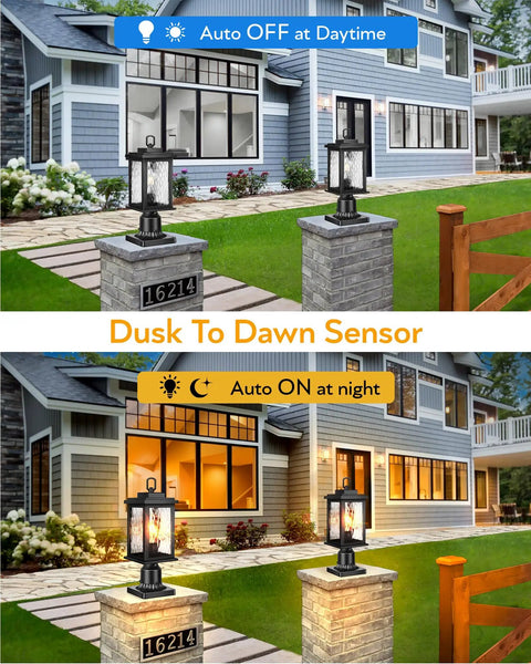 Two Pack Dusk To Dawn Outdoor Post Light Fixtures With Pier Mount Base in front of a house, showing day and night sensor function.
