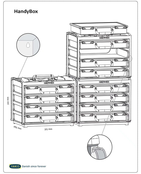 Illustration of HandyBox Toolbox Storage And Carrying System with four adjustable grid compartments for small parts.
