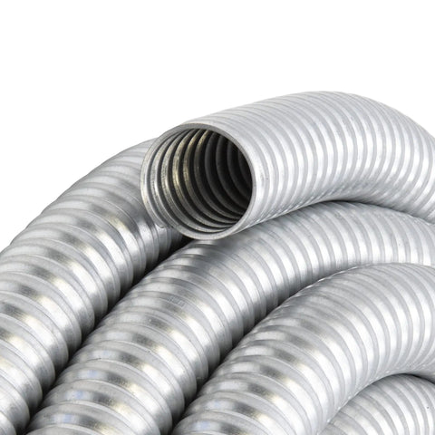Close-up of 1 Inch By 25 Foot Galvanized Steel Flexible Conduit For Electrical Wiring, Smooth Interior For Easy Wire Pull, Continuous Interlocking