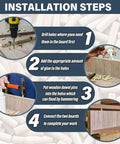 Installation steps for fluted wood dowel pins; 250 pcs set showing drilling, gluing, inserting, and connecting boards.