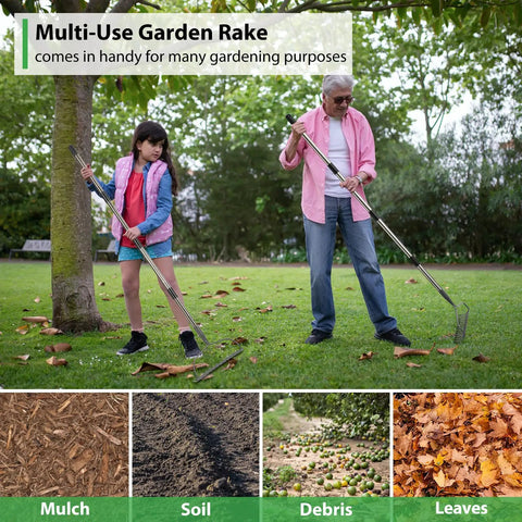Heavy Duty Bow Rake For Leaves And Lawn Care, 48 Inch Handle With Back Saving Grip, ideal for spring cleanup with 14 metal tines