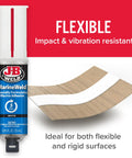 MarineWeld Syringe 25 Ml Dual Component Adhesive Sealant for waterproof bonds, shown with flexible wood surface application example.