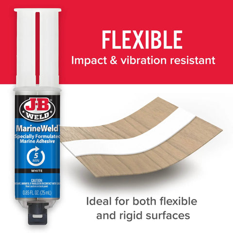 MarineWeld Syringe 25 Ml Dual Component Adhesive Sealant for waterproof bonds, shown with flexible wood surface application example.