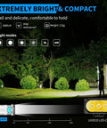 Rechargeable 1800 Lumen EDC Flashlight showcasing brightness and 6 modes outdoors with IP68 waterproof feature displayed.