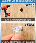 Installation steps for Heavy Duty Clear Shelf Support Pegs For Cabinet Furniture And Bookshelves 100 Pack, showing drill and pegs.