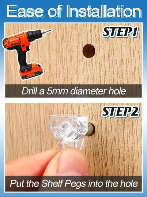 Installation steps for Heavy Duty Clear Shelf Support Pegs For Cabinet Furniture And Bookshelves 100 Pack, showing drill and pegs.
