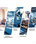 Collage of industry sectors: home decoration, industrial building materials, medical devices, food industry, vehicle and vessel parts.
