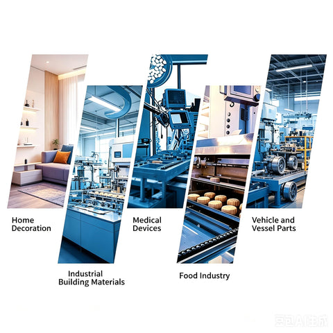 Collage of industry sectors: home decoration, industrial building materials, medical devices, food industry, vehicle and vessel parts.